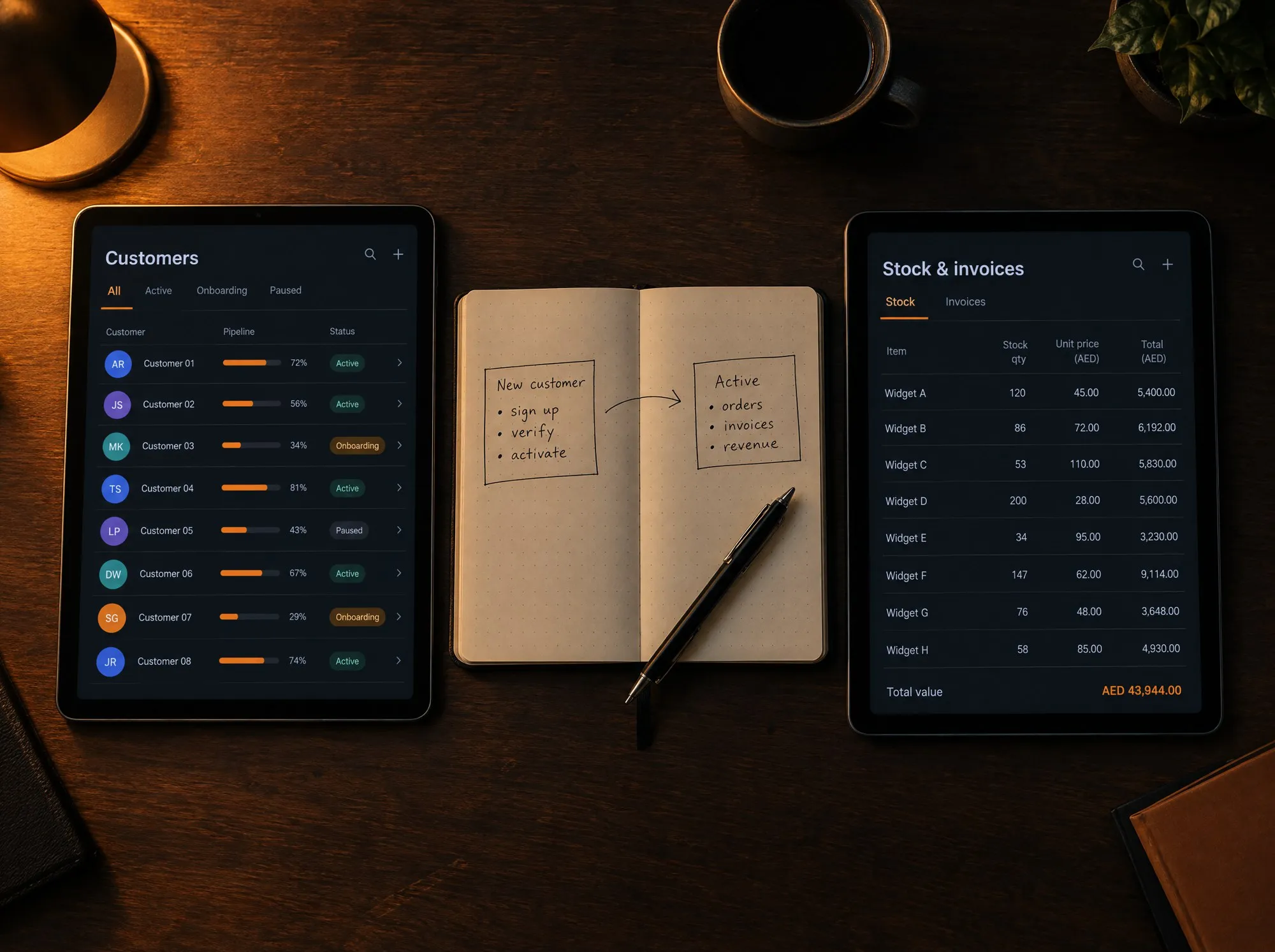 Two tablets on a desk, one showing a customer list and one showing stock and invoices, with a notebook between them