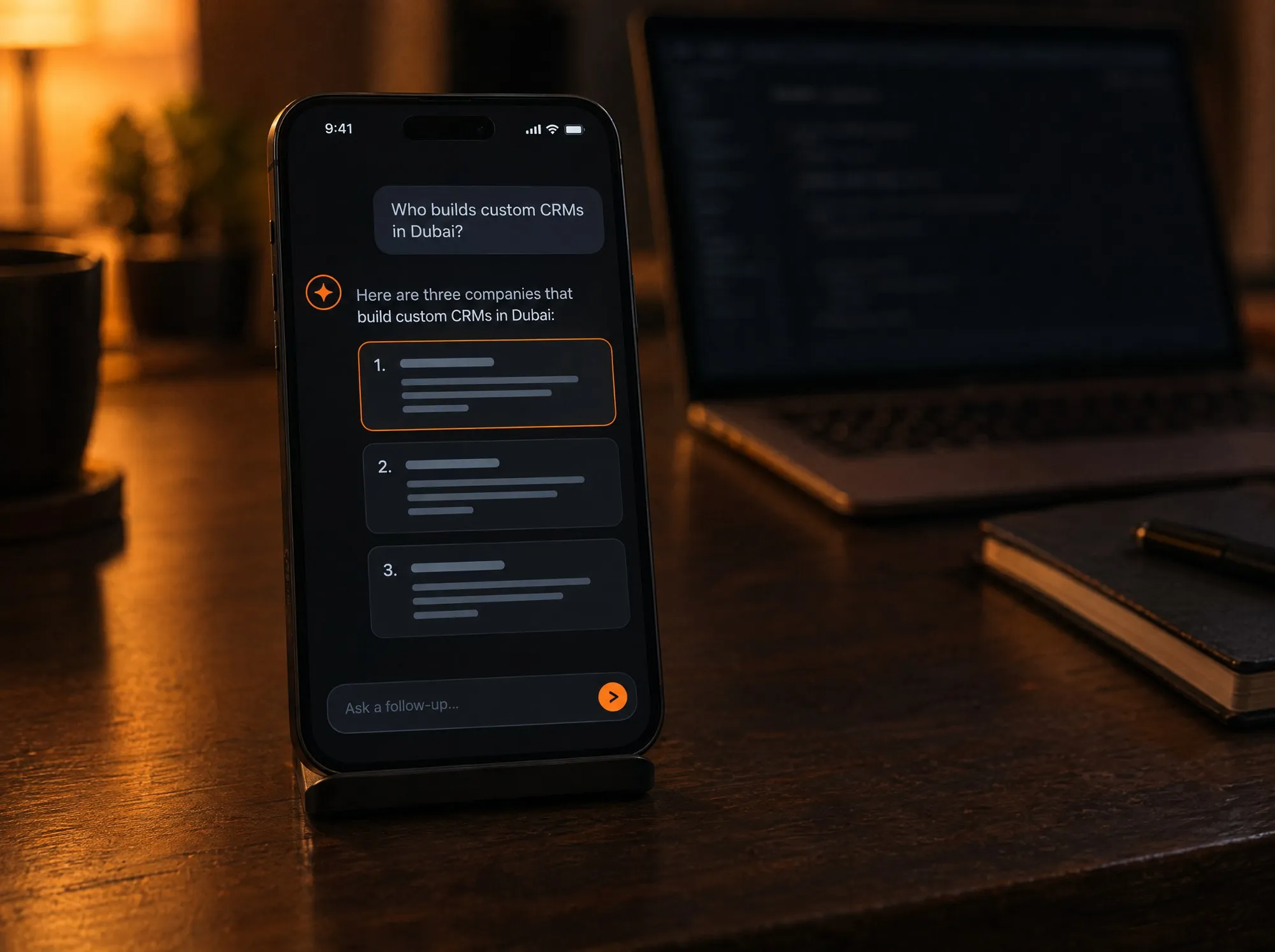 A phone showing an AI assistant answering the question who builds custom CRMs in Dubai, with three numbered results