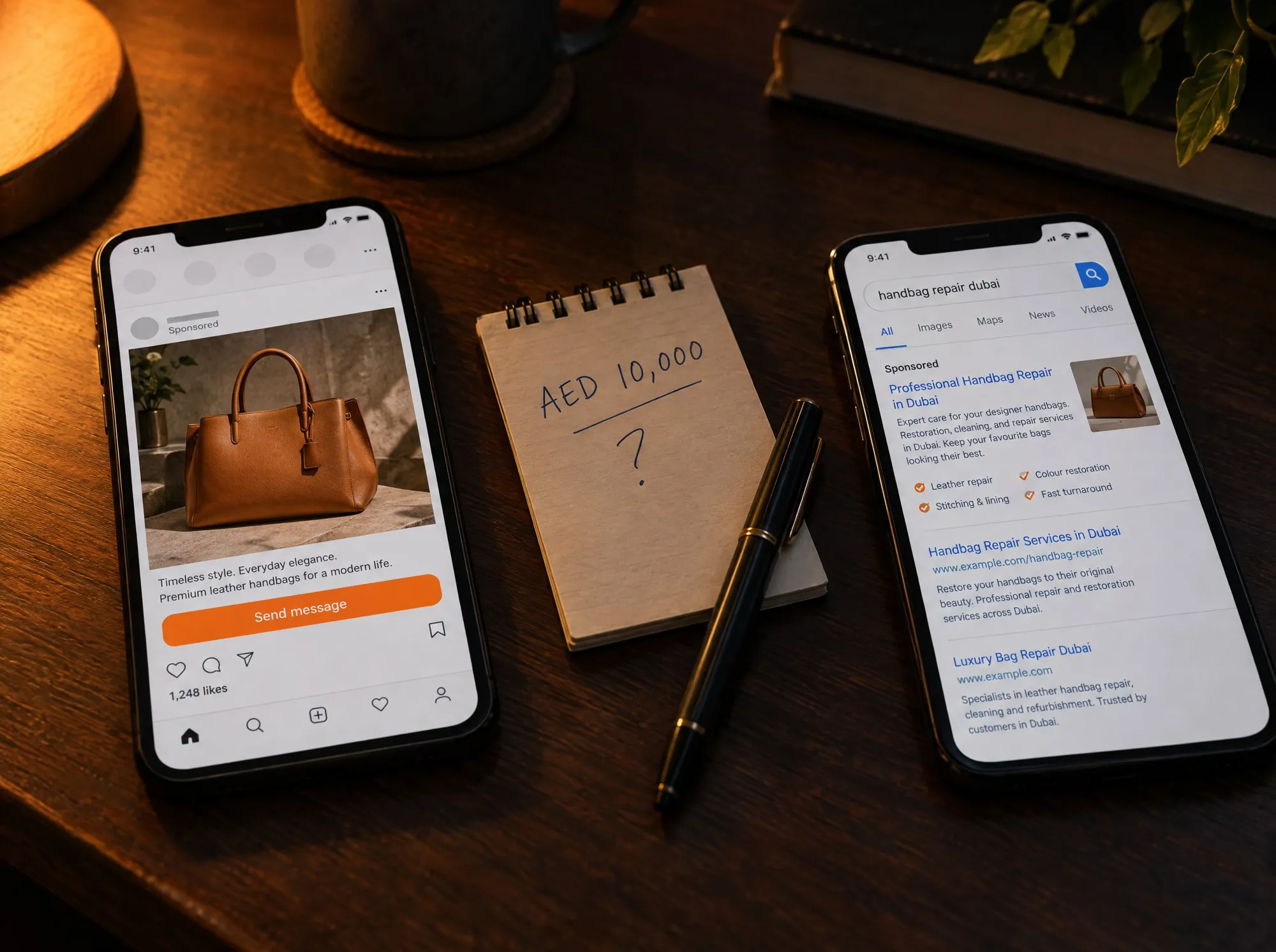 Two phones side by side, one showing a sponsored social post for a handbag and one showing a sponsored search result, with a notepad reading AED 10,000